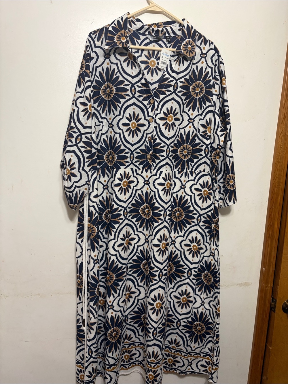 Womens Navy & White Floral Maxi Dress with Gold Accents